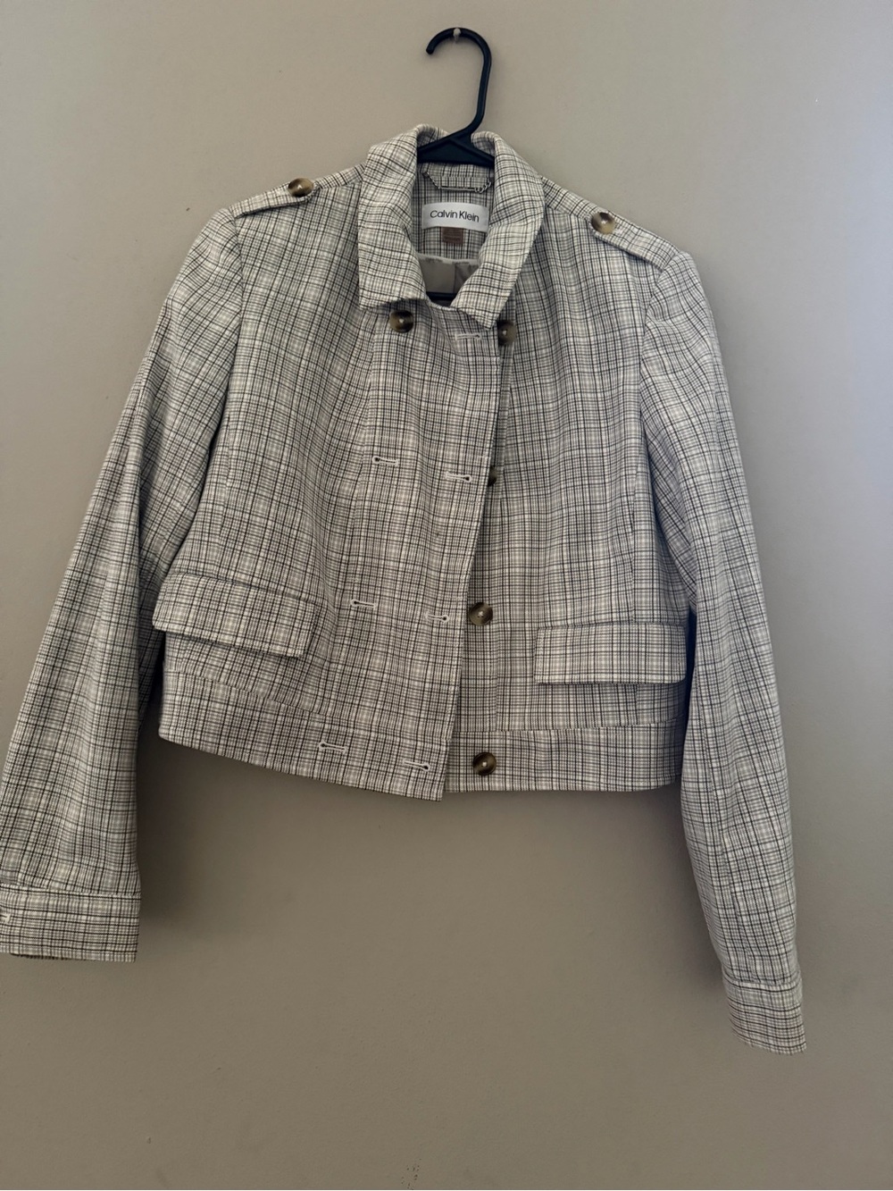Calvin Klein Women's Light Gray Plaid Cropped Blazer